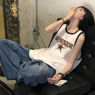 t恤女款 潮牌夏季 纯棉无袖 美式 休闲宽松小众背心上衣ins风 新款 个性