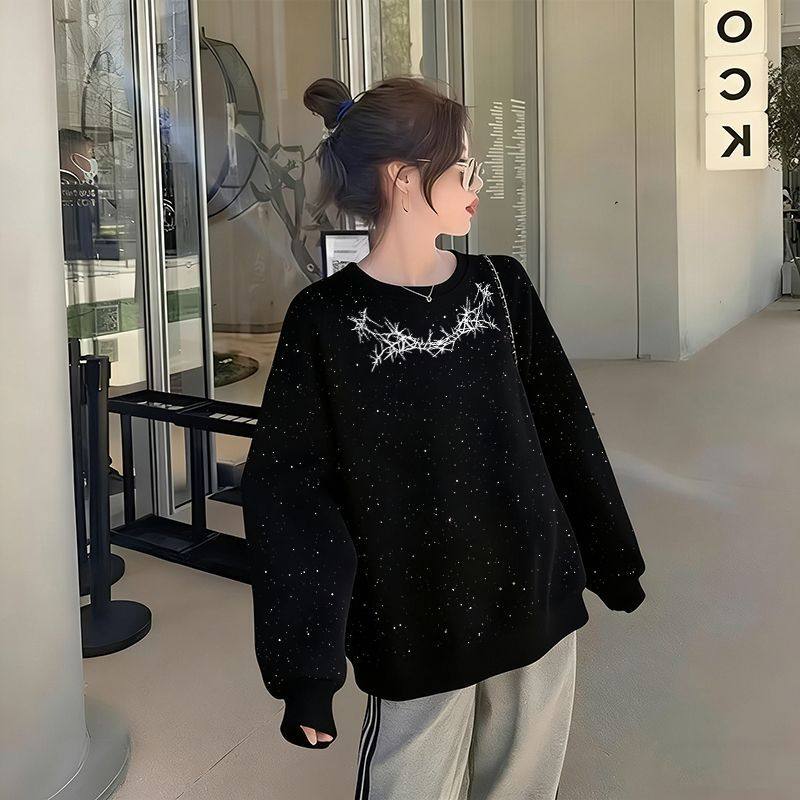 原宿风新款黑色卫衣保暖加绒打底宽松女生高街满天星设计闺蜜上衣