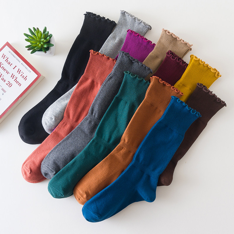 秋冬季袜子女中筒木耳花边长筒堆堆袜孕妇松口高帮保暖月子纯棉袜