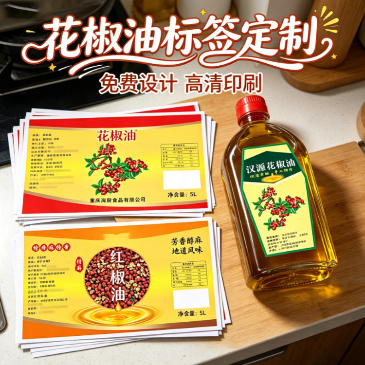 定制花椒油异形瓶贴标签贴纸藤椒油麻辣香油辣椒油核桃油不干胶贴