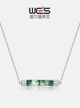 亚马逊跨境热采简约灯管绿苔藓石项链S925银镶天然水草玛瑙锁骨