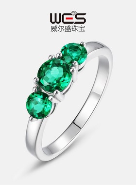 跨境新品三生三世培育祖母绿戒指S925银镶培育彩宝食指戒复古