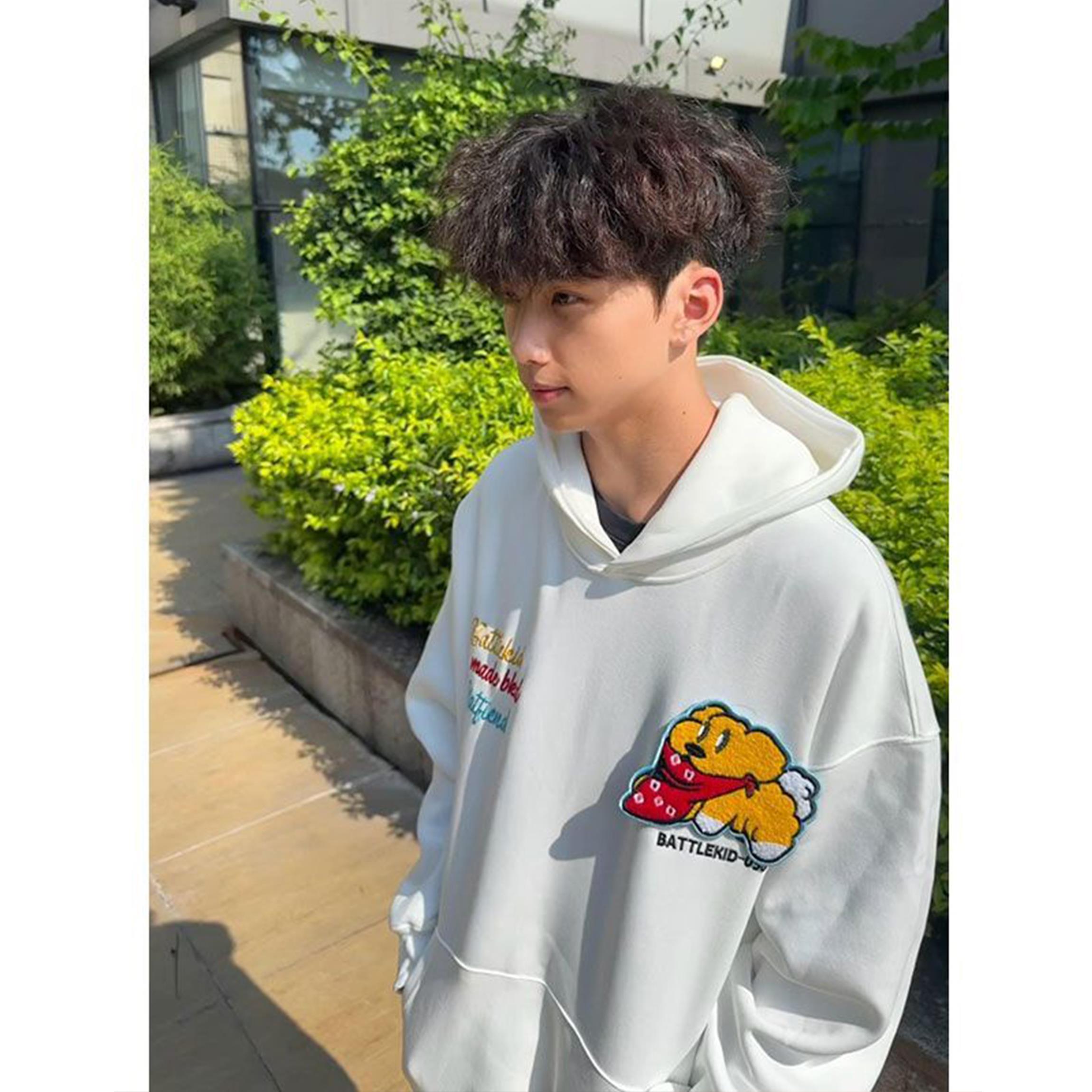 美式魔术贴小狗刺绣连帽卫衣男款秋冬2025新款宽松重磅情侣装外套