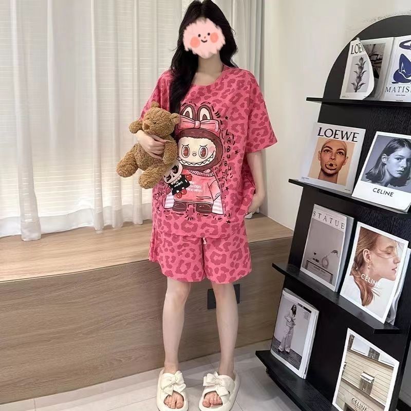 带胸垫拉布布睡衣女短袖短裤两件套装2025年夏季labubu家居服棉质