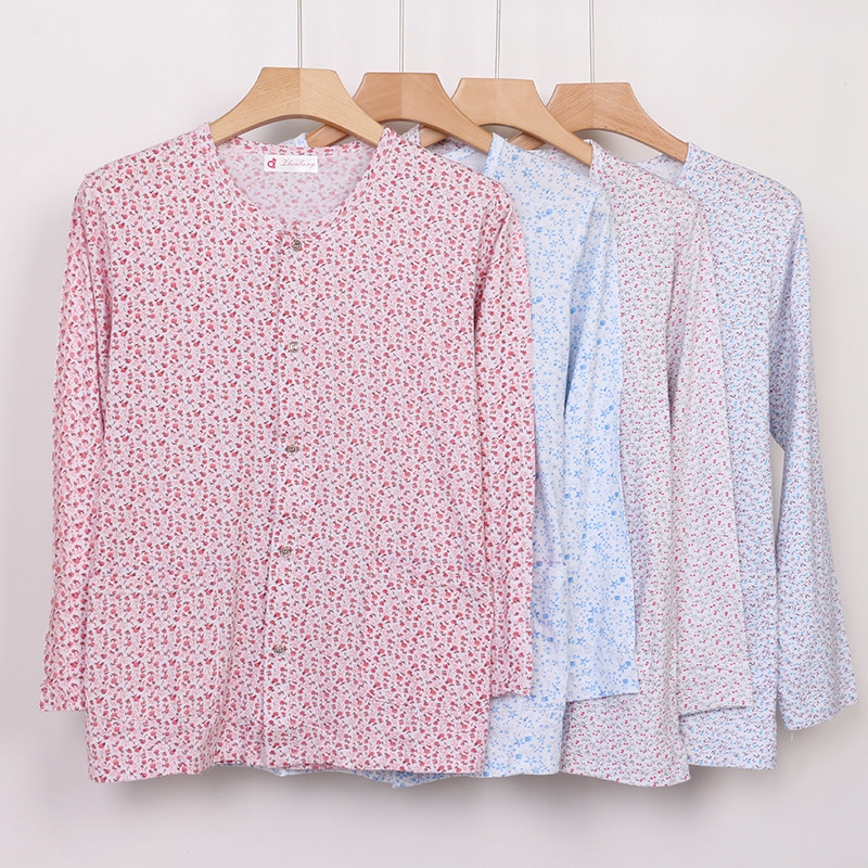 NEEDLE BAR MIDDLE-AGED AND ELDERLY LADIES COTTON CARDIGAN LOUNGEWEAR PAJAMAS THIN LOOSE LARGE SIZE PRINTED PLACKET MOM TOP