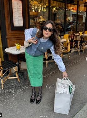 american vintage 代购 无袖针织背心马甲 + 绿色牛仔半身裙