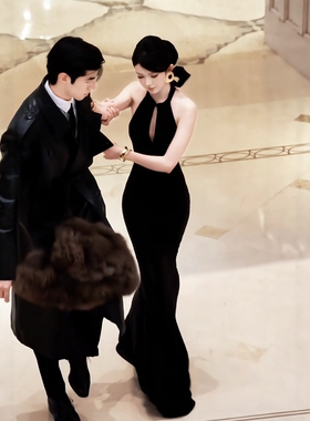 吕珊同款 hcb 代购系带挂脖黑色缎面长连衣裙