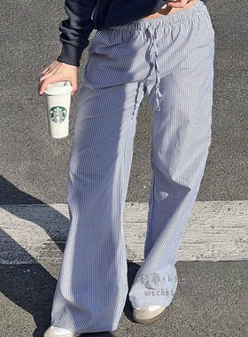 subdued 代购抽绳蓝色条纹/格子阔腿长裤