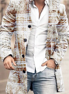2024 Men's Retro Stand Collar Mid-length Woolen Coat Men's C