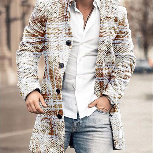 2024 Men's Retro Stand Collar Mid-length Woolen Coat Men's C