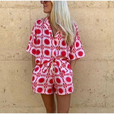 Women Geometric Print Shirt Top and Pant Suit,Lapel Short Sl