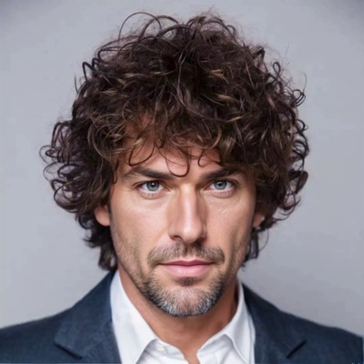 Men's Fluffy Dark Brown Short Curly Hair With Reversed B One