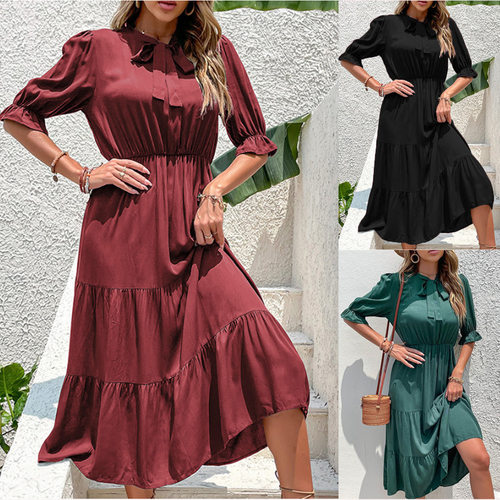 2025 Independent Women's Dress Wrinkle Bow Ribbon Solid lor