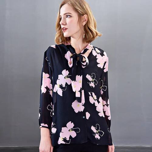 New Silk Blouse With Long Sleeves And Bow Knot In Spring And