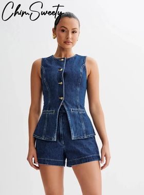 Casual Denim Shorts Sets for Women Sleeveless Single Breaste