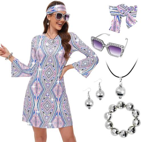 70s Women Disco Dress Hippie Costumes Necklace Earrings Glas