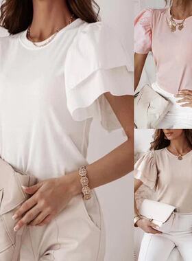 2024 Solid Color Round Neck Ruffle Short Sleeve Versatile Wo