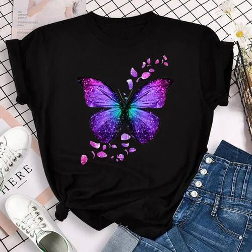 Women's Colorful Butterfly Petal Print T-Shirt, Short Sleeve