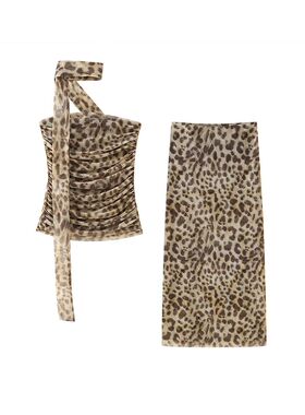 Chic Leopard Print Tube Top Skirt Suit Women Elegant Cold Sh