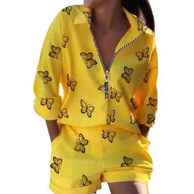 Women Two Piece Outfit Stylish Printed Shirt Shorts Set with
