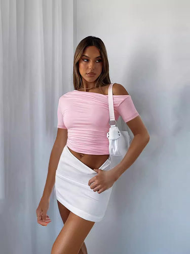 24 Women's Ins Solid Color Slanted Shoulder Short Sleeves Pl