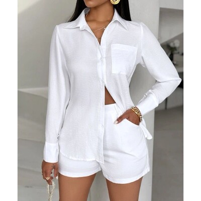 Two Piece Outfits Women's Turn-down Collar Pocket Design But