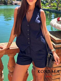 Kondala Linen Casual Women Pieces Suits Neck Ves Buttons
