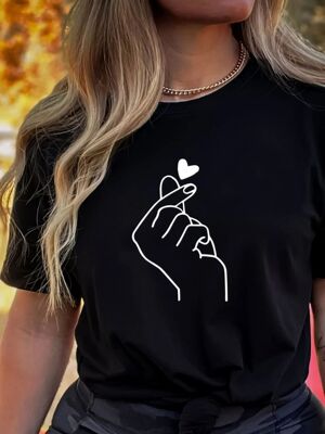 Cute Print Solid Crew Neck T-Shirt, Short Sleeve Casual Ever