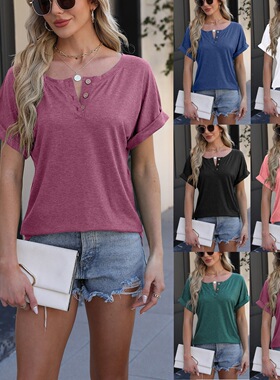 Women's 2024 Button Women's Casual T-shirts Solid Color Wome