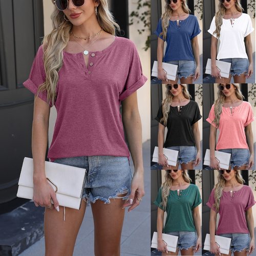 Women's 2024 Button Women's Casual T-shirts Solid Color Wome