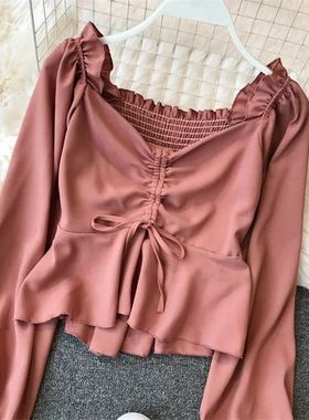 2024 Spring Autumn Women Long Sleeve Blouse V-Neck Drawstrin