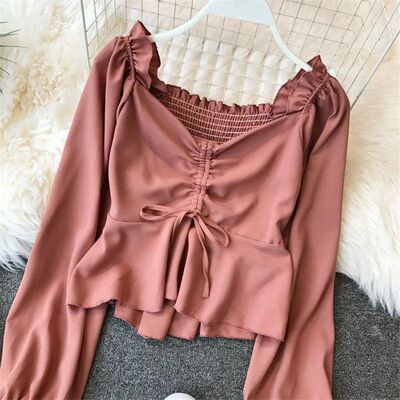 2024 Spring Autumn Women Long Sleeve Blouse V-Neck Drawstrin