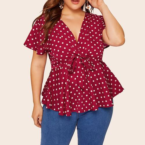 Women Plus Size Blouse V Neck Short Sleeve Polka Dot Shirt T