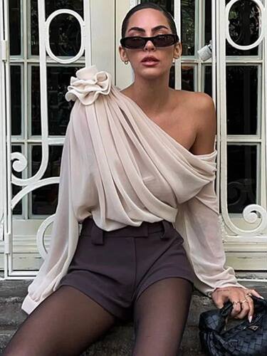 Floral Pleated Solid Women ops See Through Long Sleeve Skew