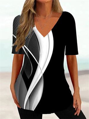 Simple Women's T-shirt 3d Wave Curve Tee Fashion V-neck Summ