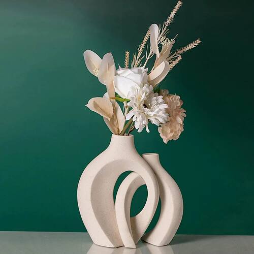 White Ceramic Vase Set of 2 for Modern Home Decor, Boho Donu