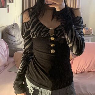 Dourbesty Vintage Grunge T-shirt Button Backless Long Sleeve