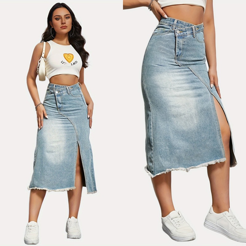 American Retro Denim Skirt For Women, Fashionable Slit Splic