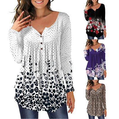 3xl Plus Size Floral Printed Tunic Shirts Fashion Round Neck