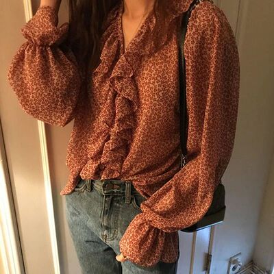 Print Floral V-neck Pullover Chiffon Blouses Flare Long Slee