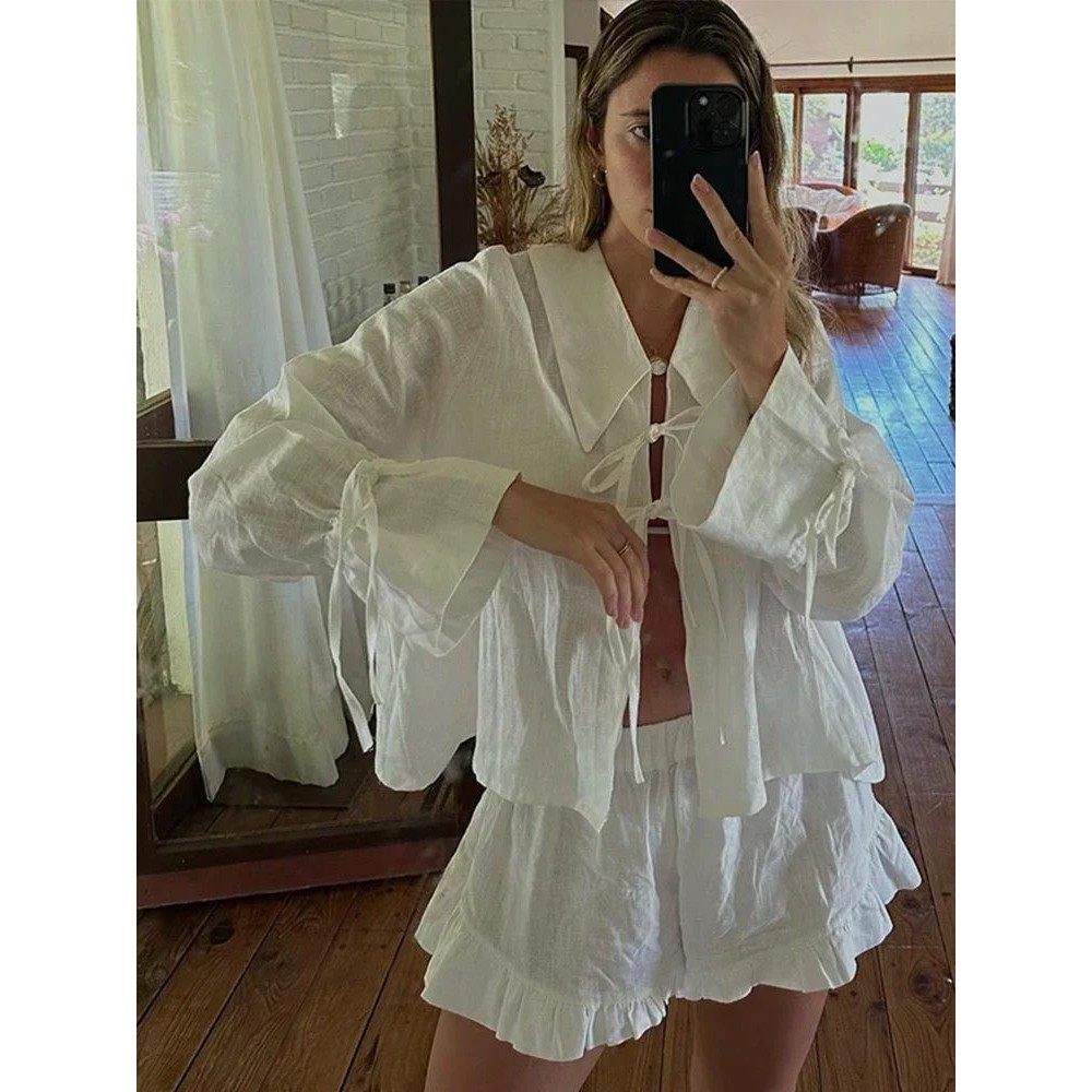 Newest Lace Up Bow For Women Shorts Suits Turn-down Collar L