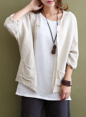 Women Spring Summer Cotton Linen Blouse Cardigan shirt Singl