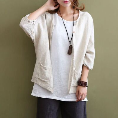 Women Spring Summer Cotton Linen Blouse Cardigan shirt Singl