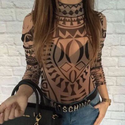 Womens Totem print Bodysuits Long Sleeve Romper Bodysuit Sre
