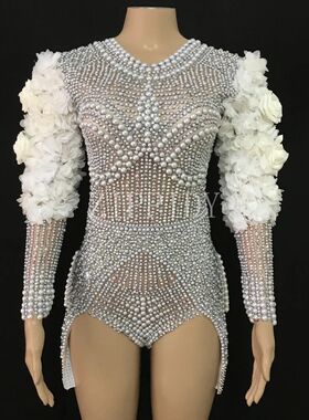 White Flower Flashing Rhinestones Pearls Bodysuit Birthday C