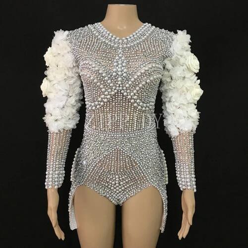 White Flower Flashing Rhinestones Pearls Bodysuit Birthday C