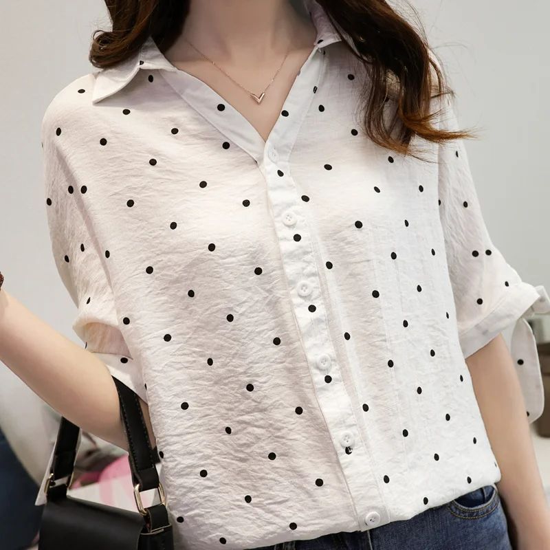 Loose Women 4xl White Blouse Tunic Shirt Polka Dot Chiffon B-封面