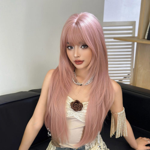 Female Long Straight Hair Grapefruit Pink Gold High Temperat
