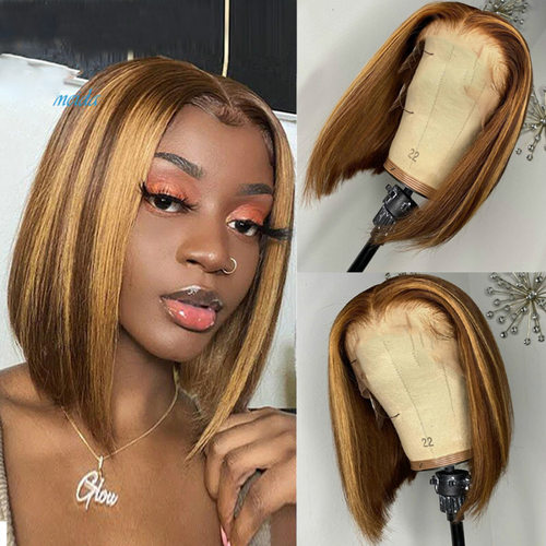 Lady's Short Straight Hair Bobo Head Golden Brown Gradient C