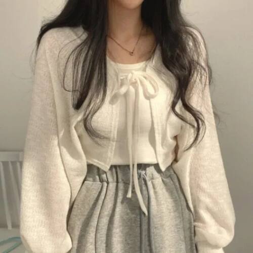 Thin White Cardigan Women Summer Sunscreen Lace-up Knitwear